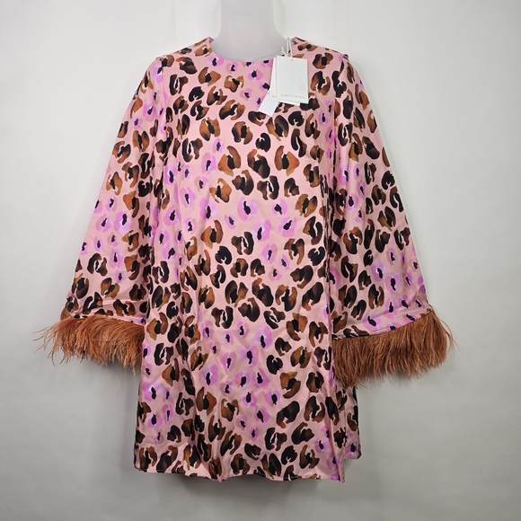 Borgo de Nor Pink Leopard Print Cocoa Dress with Feather Trim - Picture 2 of 14